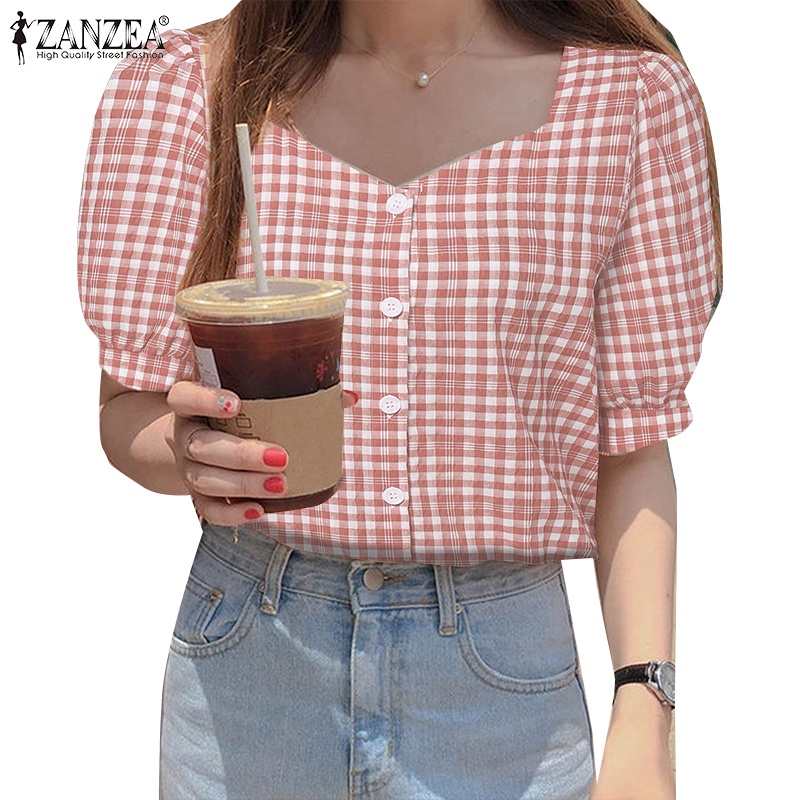 Áo nữ ZANZEA tay phồng họa tiết caro thời trang