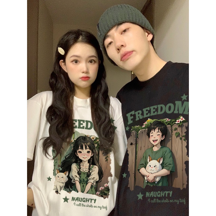 Áo phông unisex trắng đen couple form rộng tay ngắn cổ tròn cho cặp đôi nam nữ