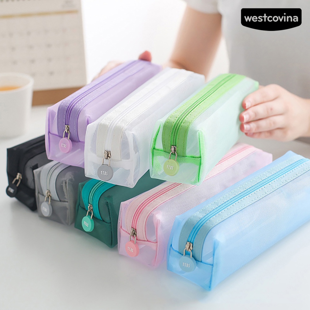 [COD]♪Túi Lưới Đựng Bút Trong Suốt Màu Trơn Có Khóa Kéo Tiện Dụng Cho Học Sinh
