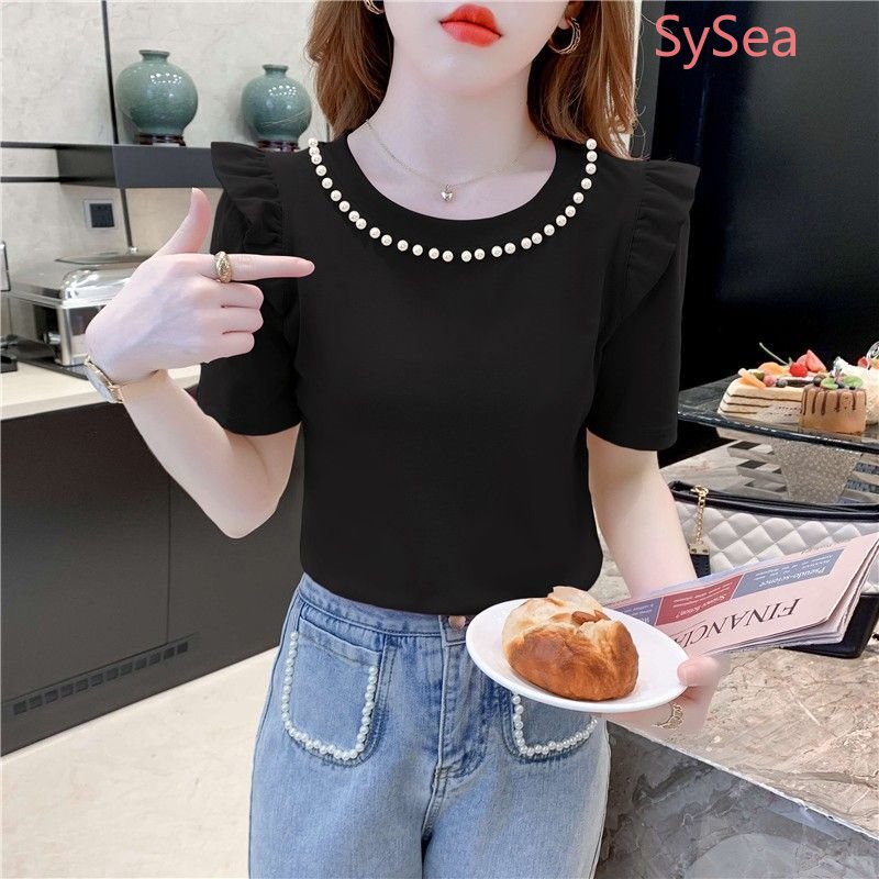 Áo Kiểu Cổ Tròn Phối Ren Bèo Thời Trang Mùa Hè Cho Nữ