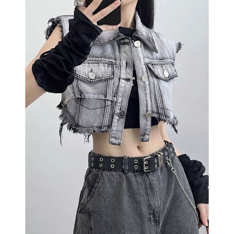 【Zbus】 áo khoác croptop nữ jean áo khoác jean nữ croptop áo khoác jean croptop áo khoác ngắn áo vest croptop Áo Khoác Denim Sát Nách Dáng Ngắn Phong Cách Thời Trang Retro Mỹ Hàng Mới Dành Cho Bạn Nữ