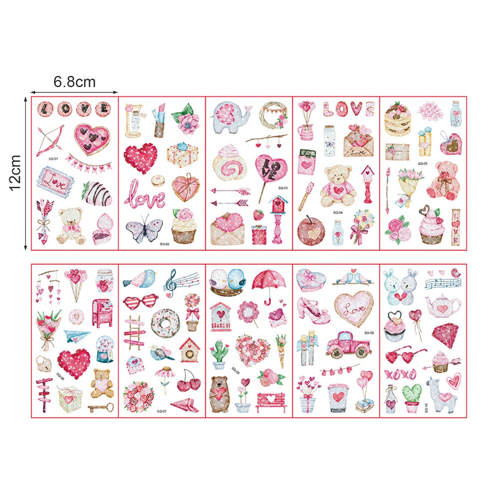 Bộ 10 Miếng Dán Hình Xăm Nhiều Màu Sắc Lấp Lánh Chống Thấm Nước Tự Dính Trang Trí Ngày Valentine Thời Trang