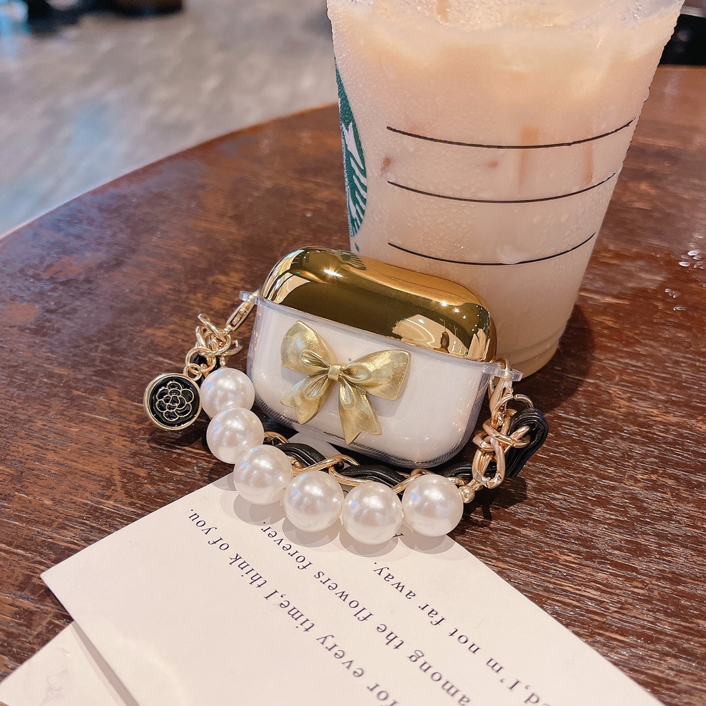 Vỏ Bảo Vệ Hộp Sạc Tai nghe không dây AirPods 1 / 2 / 3 Pro2 2022 Bằng Silicon tpu Mềm Trong Suốt Đính Nơ 3D Mạ Điện