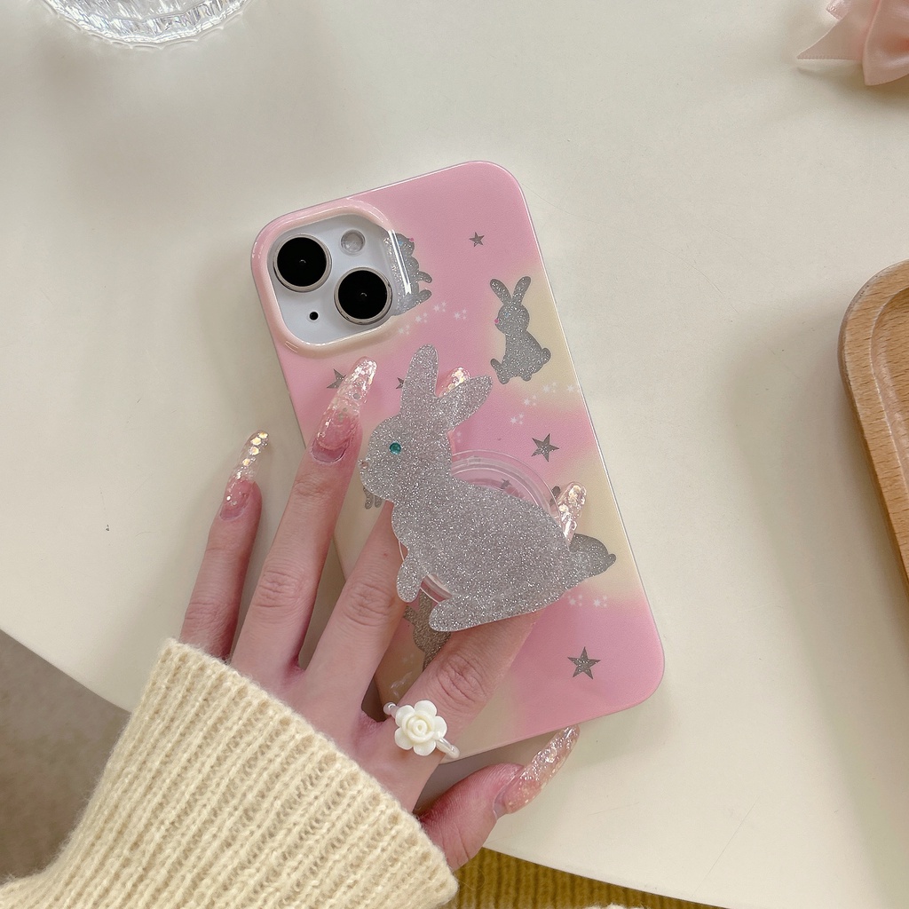 Ốp Điện Thoại Imd Silicone Mềm Trong Suốt Chống Rơi Với Giá Đứng Hình Thỏ Hồng Cho iPhone11 12 13 14 Pro Max