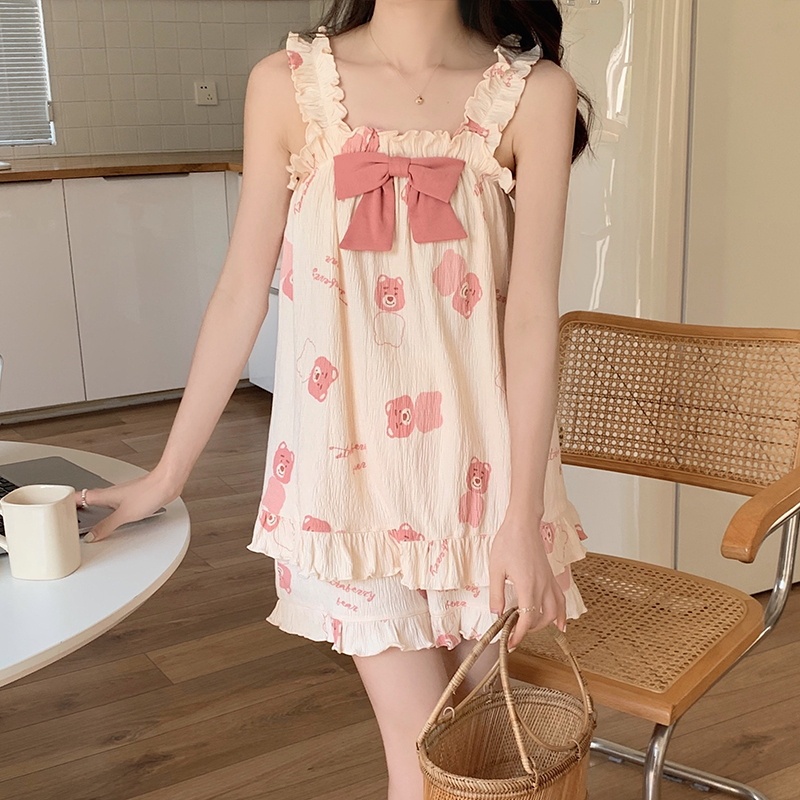 Bộ Đồ Ngủ Sát Nách Chất Liệu Da Mỏng Họa Tiết Gấu Và Dâu Tây Thời Trang Mùa Hè Cho