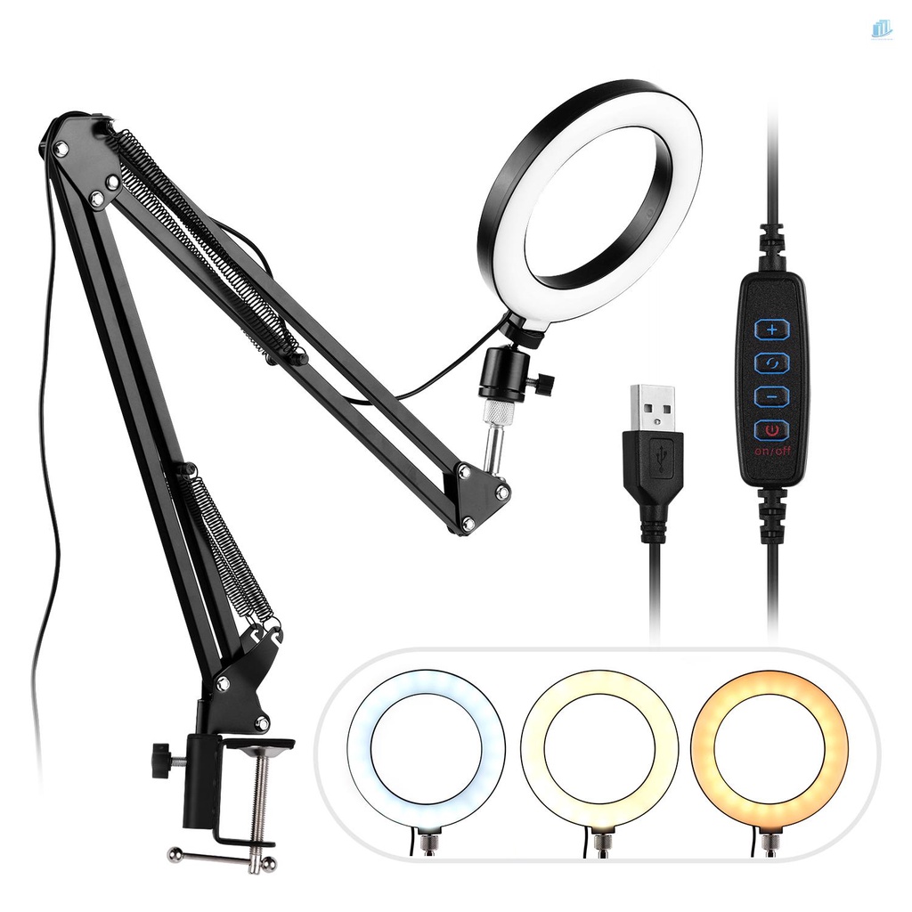 Vòng Đèn LED Mini 6 Inch 3 Chế Độ Điều Chỉnh Được Kèm Kẹp Linh Hoạt Với Bộ Chuyển Đổi Đầu Bi Cố Định Video Trực Tiếp