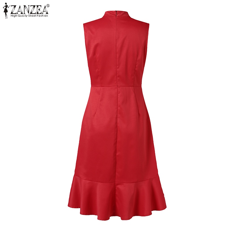 ZANZEA Đầm Nữ Cộc Tay Cổ Đứng Eo Nhún Bèo Thời Trang