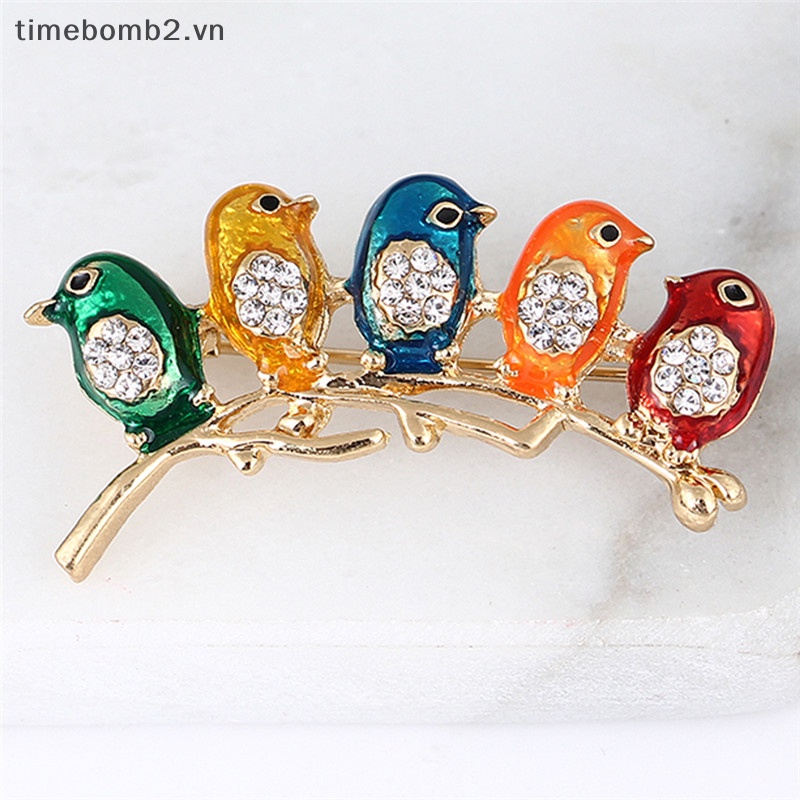 {Timebomb} Trâm Cài Áo Hình Năm Chú Chim Tráng Men Đính Đá Pha Lê Làm Quà Tặng