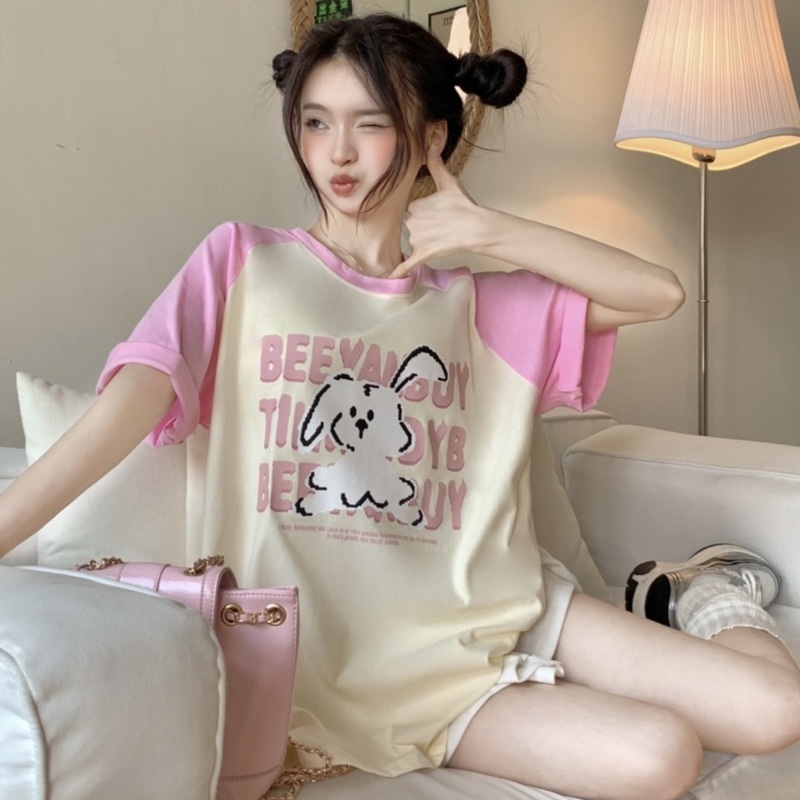 Áo Thun Tay Ngắn Cổ Tròn In Hình Thỏ Nhỏ Dễ Thương Phối Màu Phong Cách Cổ Điển Thời Trang Cho Nữ