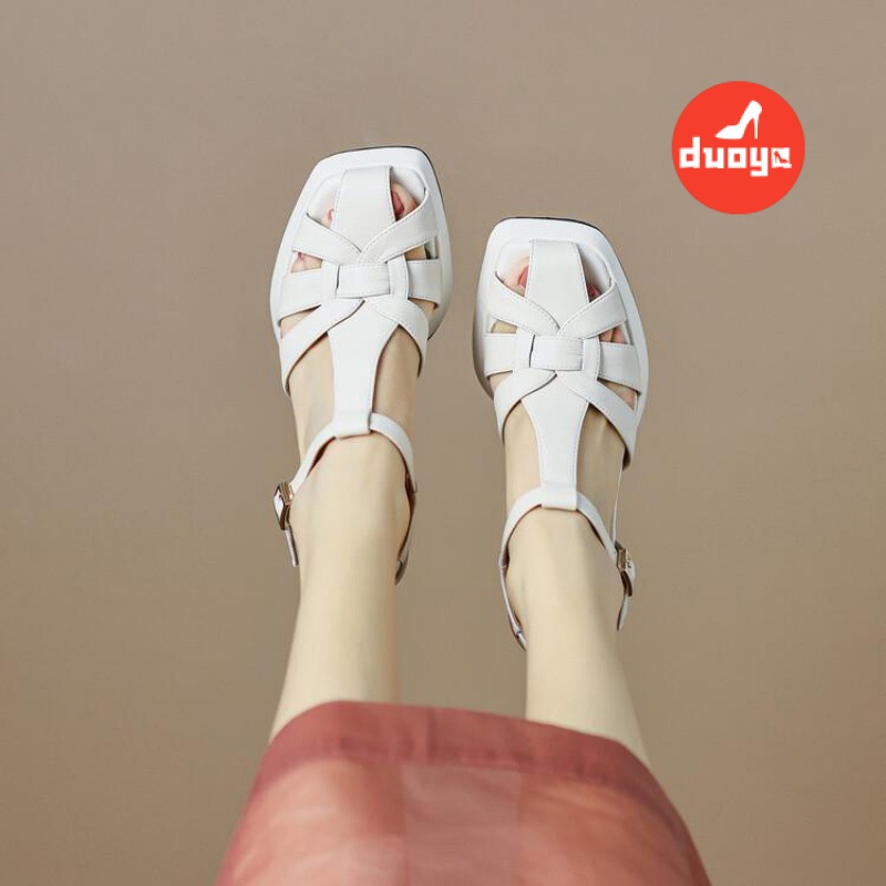 Duoya Tóc Thẳng ~ [Hàng Có Sẵn] Giày Sandal Đế Dày Phẳng Cao Hở Ngón Mùa Hè Phong Cách Hong Kong Cho Nữ
