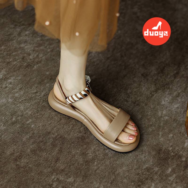 Duoya Tóc Thẳng ~  Giày Sandal Dây Da Mềm Hở Ngón Đế Phẳng Dày Mùa Hè Dễ Phối Đồ Cho Nữ Miễn Phí Vận Chuyển