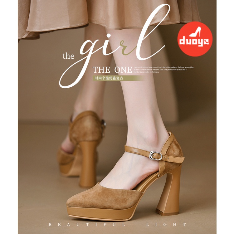 Duoya Giày Cao Gót Da Mềm Đế Dày Mũi Nhọn Miệng Nông Không Thấm Nước Có Dây Buộc Cho Nữ Miễn Phí Vận Chuyển