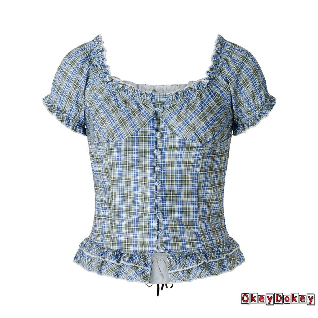 Áo Nịt Ngực Nhún Bèo Sọc Ca Rô Y2K Phong Cách Cổ Điển Thời Trang Cho Nữ