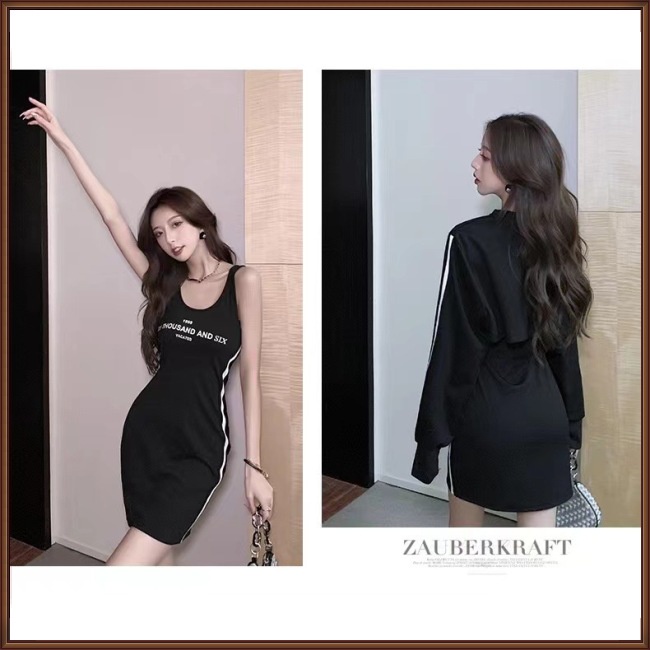 Bộ Đầm 2 Món Áo Thun Tay Dài Cổ Tròn + Đầm Sát Nách Lưng Cao Thời Trang Cho Nữ