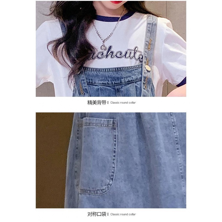 Set Áo Thun Cotton + Váy Yếm Denim Thời Trang Hè 2023 Cho Bé Gái 5-6 - 7-8 - 9-10 - 12-13 - 14-15 Tuổi