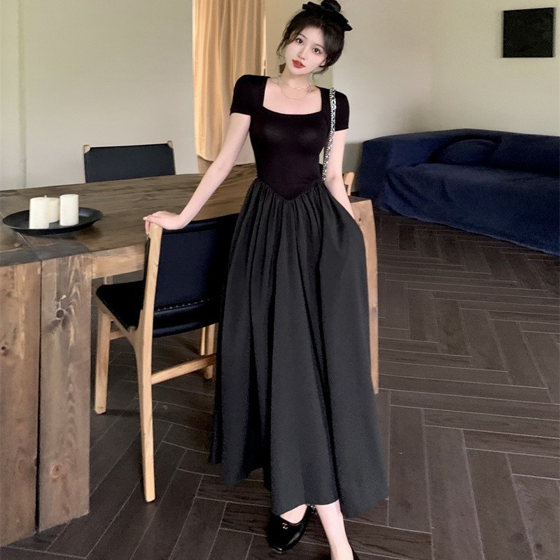 COZOK Đầm Tay Ngắn Cổ Vuông Thiết Kế Đơn Giản Thời Trang