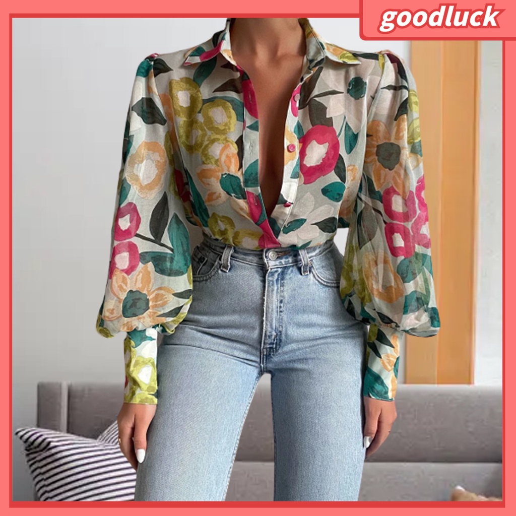 [ULK] Áo Sơ Mi Tay Phồng In Hoa Cổ Bẻ Cài Một Hàng Nút Rộng Phong Cách Vintage Cho Nữ
