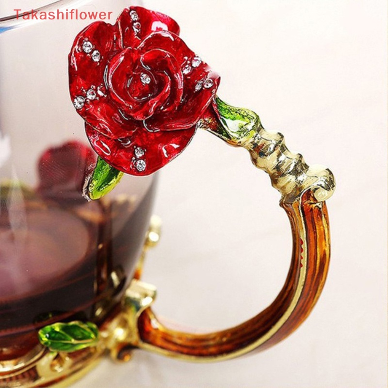 Cốc Uống Trà Cà Phê Bằng Kính Tráng Men Họa Tiết Hoa Hồng Và Bướm 3D Độc Đáo