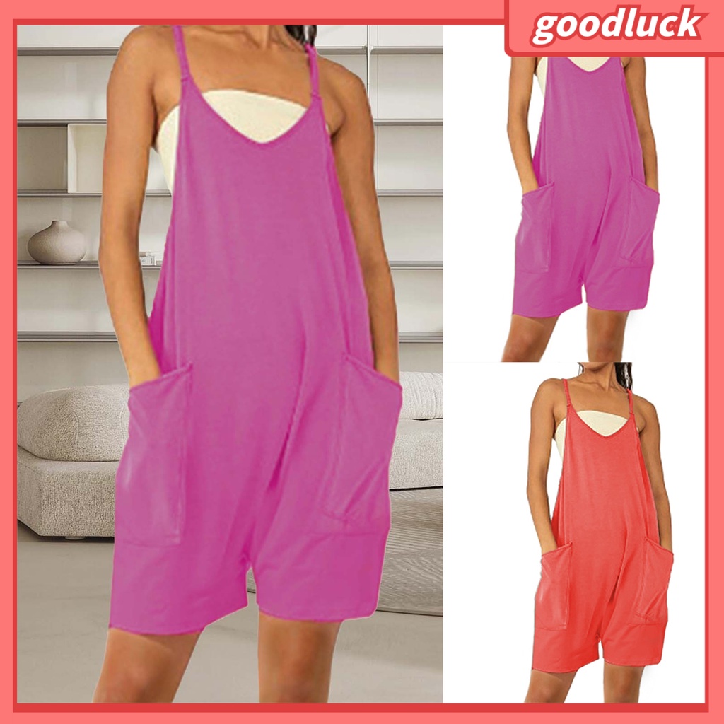 Áo Liền Quần Cổ Chữ V Dáng Suông Không Tay Màu Trơn Thời Trang Mùa Hè Cho Nữ