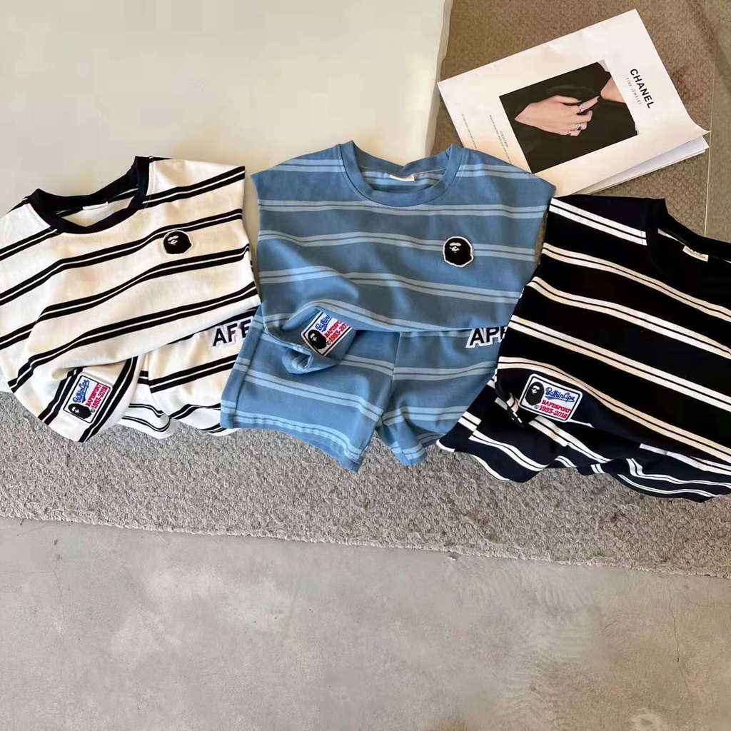 Set Đồ Mùa Hè Gồm Áo Tay Cộc Kẻ Sọc Mềm Mại Phong Cách Phương Tây Cho Bé Trai