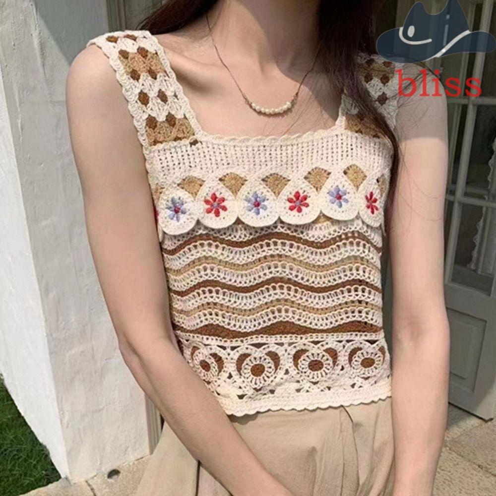 Áo Hai Dây Dệt Kim Cổ Chữ U Họa Tiết Kẻ Sọc Thời Trang Đi Biển Phong Cách Retro Dành Cho