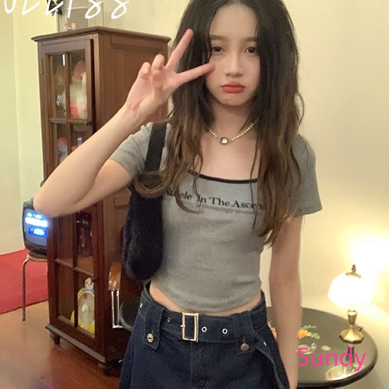 Plus Áo Thun Tay Ngắn Cổ Vuông In Chữ Thời Trang Mùa Hè Cho Nữ