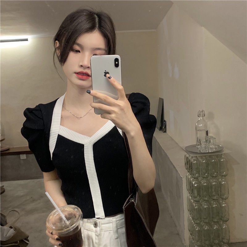 NZN Áo Thun Dệt Kim Tay Ngắn Cổ Chữ V Màu Đen Phong Cách vintage Dành Cho Nữ