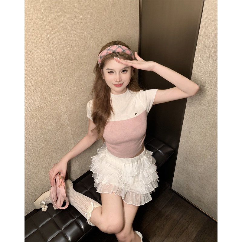 Áo Thun Tay Ngắn Ghép Nối Màu Xanh Dương Và Trắng Dáng Ôm Thời Trang Mùa Hè Dành Cho Bạn Nữ