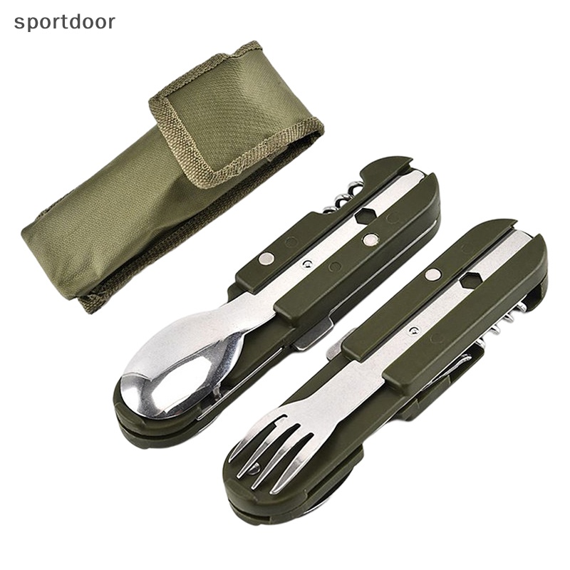 Bộ Dụng Cụ Ăn Uống Bằng Thép Không Gỉ Màu Xanh Lá Quân Đội Có Thể Gấp Gọn Mang Đi Cắm Trại / Du Lịch [out]