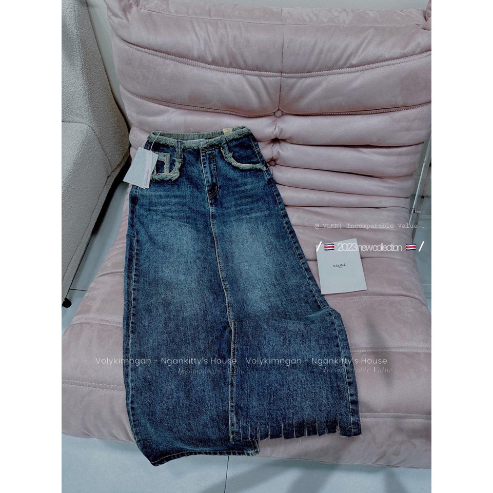Chân váy jean dài xước