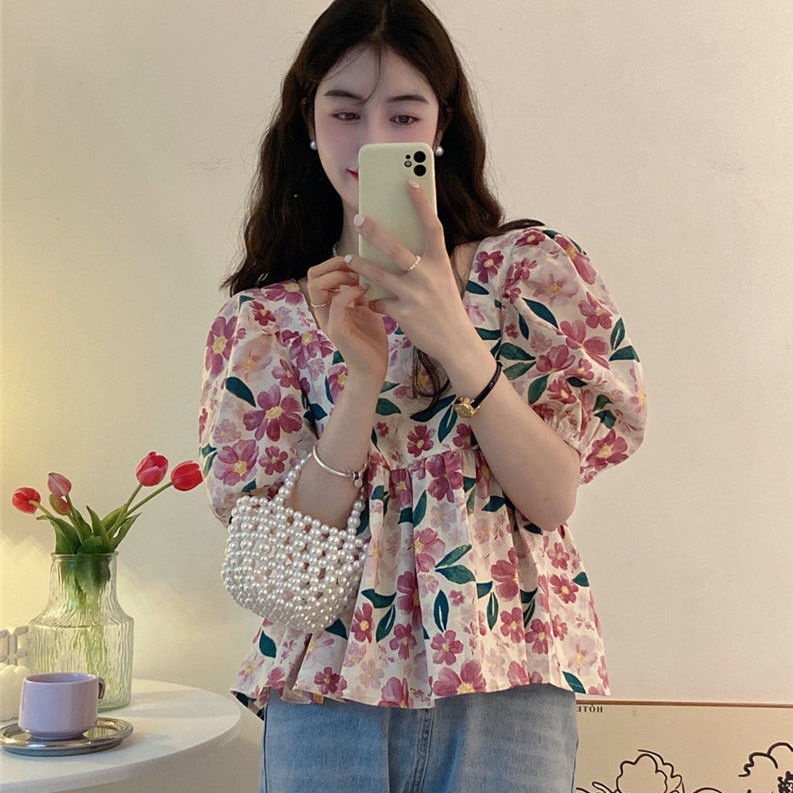 Áo Kiểu Tay Phồng Cổ Vuông Lưng Cao In Họa Tiết Hoa Nhí Xinh Xắn Thời Trang Hè Phong Cách Hàn Quốc Cho Nữ