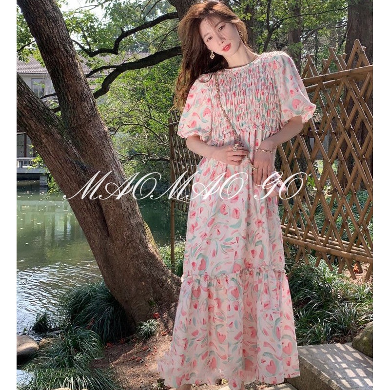 Maomao GO Đầm Dài Dáng Rộng Cổ Tròn In Hoa Gấp Gọn Được Phong Cách Hàn Quốc Thời Trang Mới Dành Cho Bạn Nữ