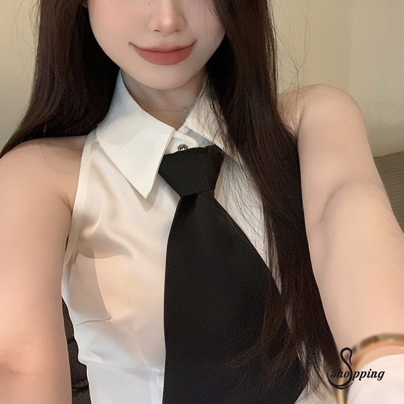 Áo Sơ Mi Không Tay Phối Cà Vạt Thời Trang Mùa Hè Hàn Quốc Ngọt Ngào