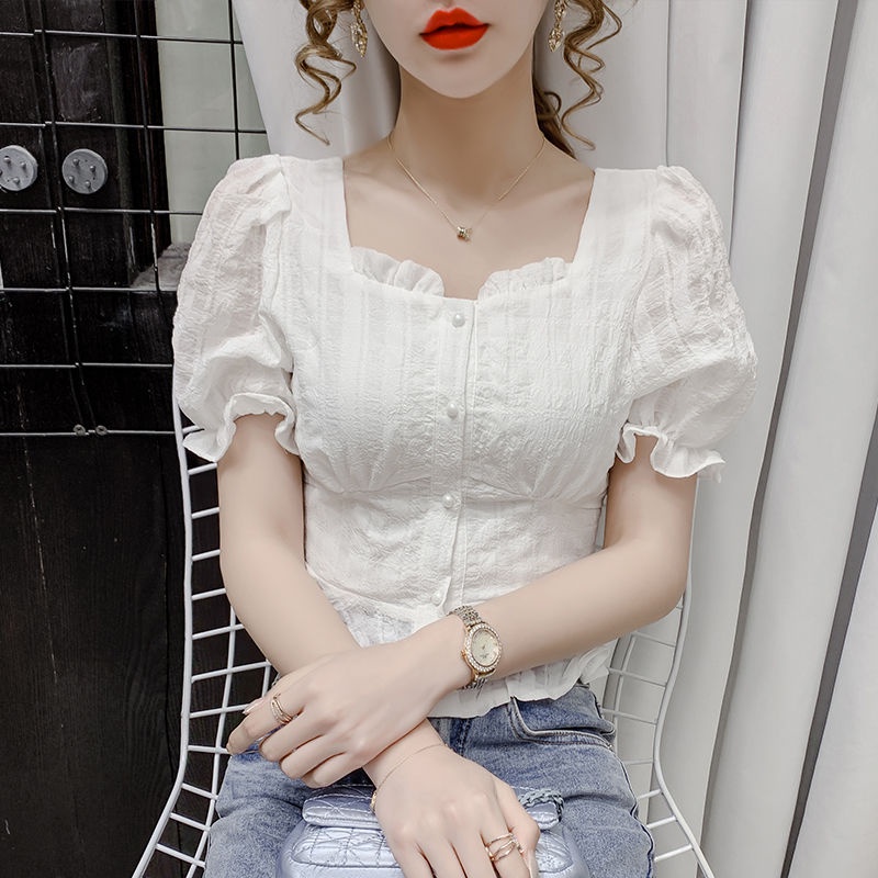 Áo Sơ Mi Chiffon Tay Ngắn Phồng Cổ Vuông Thời Trang Mùa Hè 2023 Phong Cách Pháp Mới Cho Nữ
