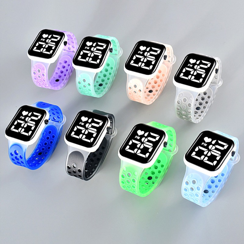 Đồng Hồ Điện Tử LED Mặt Vuông Nhỏ Hai Màu Trong Suốt Tươi Mới Chống Nước Cho Trẻ Em
