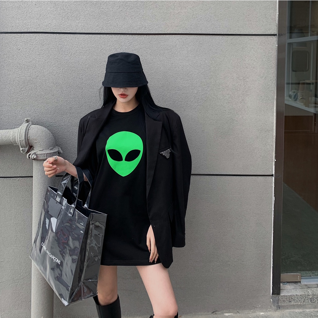 Áo Thun Ngắn Tay Dáng Rộng In Hình Người Ngoài Hành Tinh Xanh Lá Thời Trang Đường Phố Cho Cặp Đôi