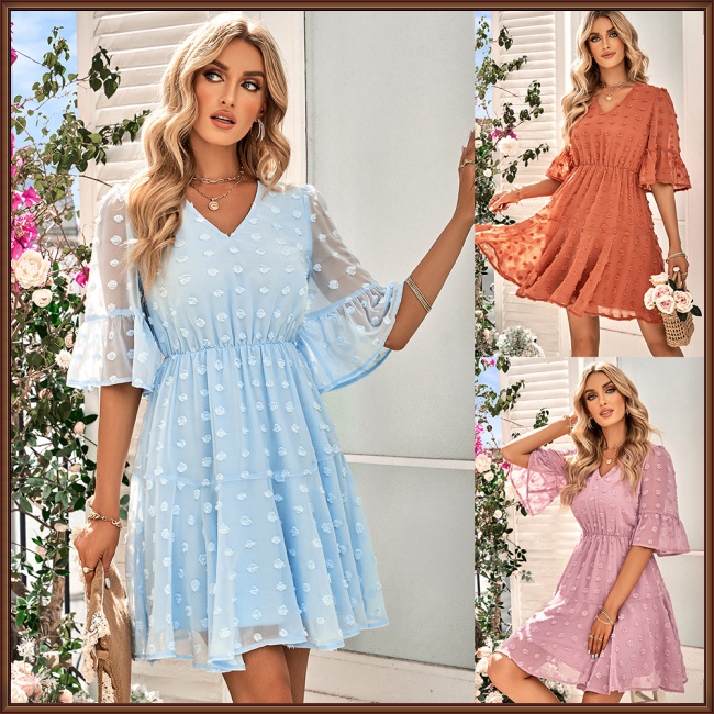 Đầm Tay Ngắn Cổ Chữ V Màu Trơn Thời Trang Mùa Hè Dễ Thương Cho Nữ