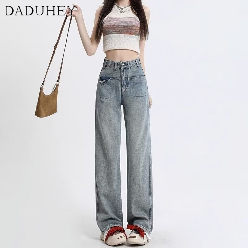 Quần jean dài DADUHEY lưng cao ống rộng màu xanh dương nhạt size lớn phong cách Hàn Quốc mới retro thời trang cho nữ