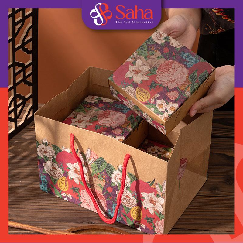 Hộp Đựng Bánh Trung Thu Giấy Kraft In Hoa Vintage Đựng 4 Bánh Hoặc 6 Bánh Loại 50gr