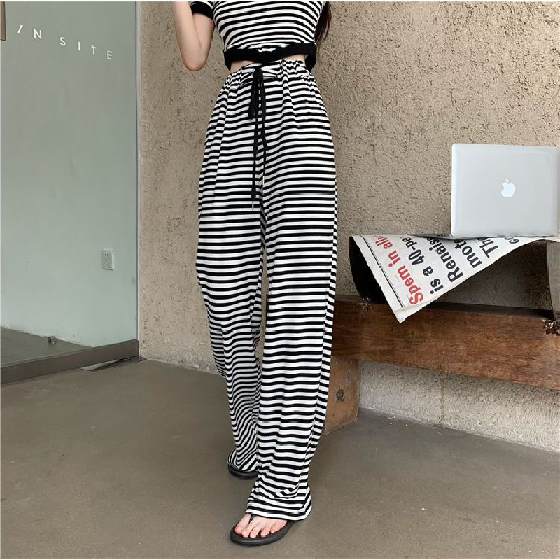 New striped wide-leg pants suit for girls western style short coat casual pants two-piece set fried street black and white stripes Short Sleeve T vertical pants