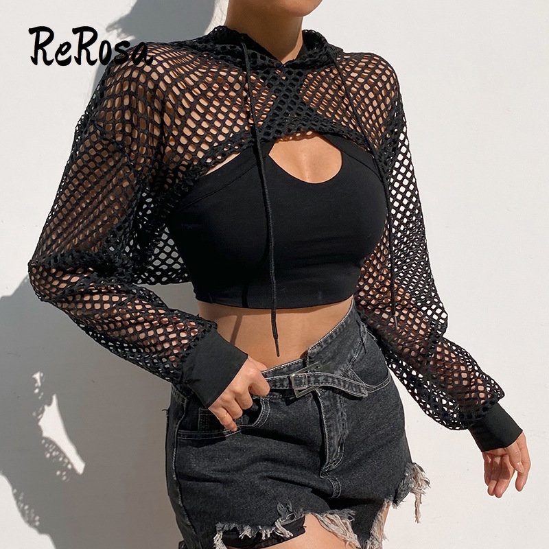 Rerosa Áo Hoodie Thể Thao Tay Dài Phối Lưới Màu Trơn Dễ Phối Đồ Thời Trang Cho Nữ