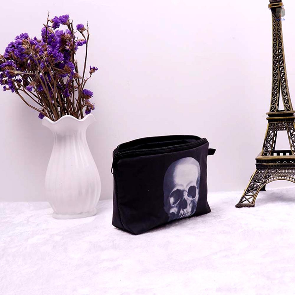 Túi Đựng Mỹ Phẩm Màu Đen In Họa Tiết Đầu Lâu 3D Độc Đáo Tiện Dụng Mang Theo Du Lịch Cho Nữ