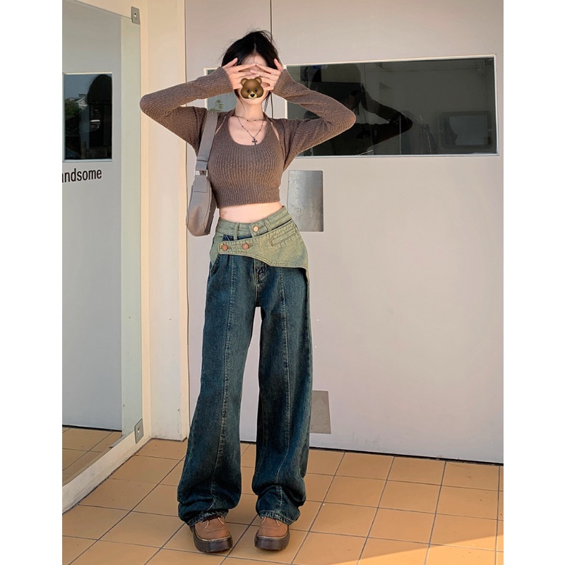 Quần Jean Dài Lưng Cao Ống Rộng Thời Trang Cá Tính Trẻ Trung