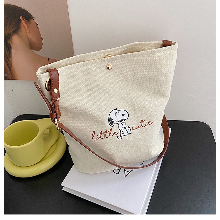 MOUSSON Túi xô đeo vai Nbằng vải canvas in hình cún dễ thương xinh xắn cho nữ