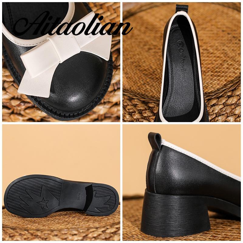 Giày Cao Gót 4.5cm Da Mềm Mũi Tròn Phong Cách retro Anh Quốc