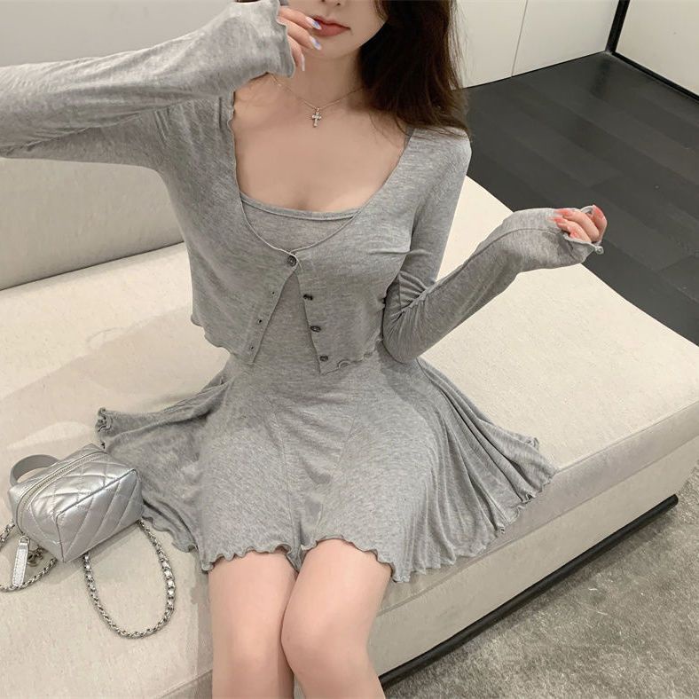 COZOK Set Đầm Không Tay Ôm Dáng + Áo Khoác Cardigan Dài Tay Xinh Xắn Thời Trang