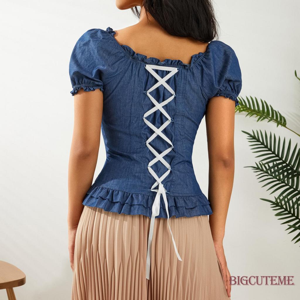 Áo Croptop Tay Ngắn Cổ Vuông Thời Trang Mùa Hè Xinh Xắn Cho Nữ