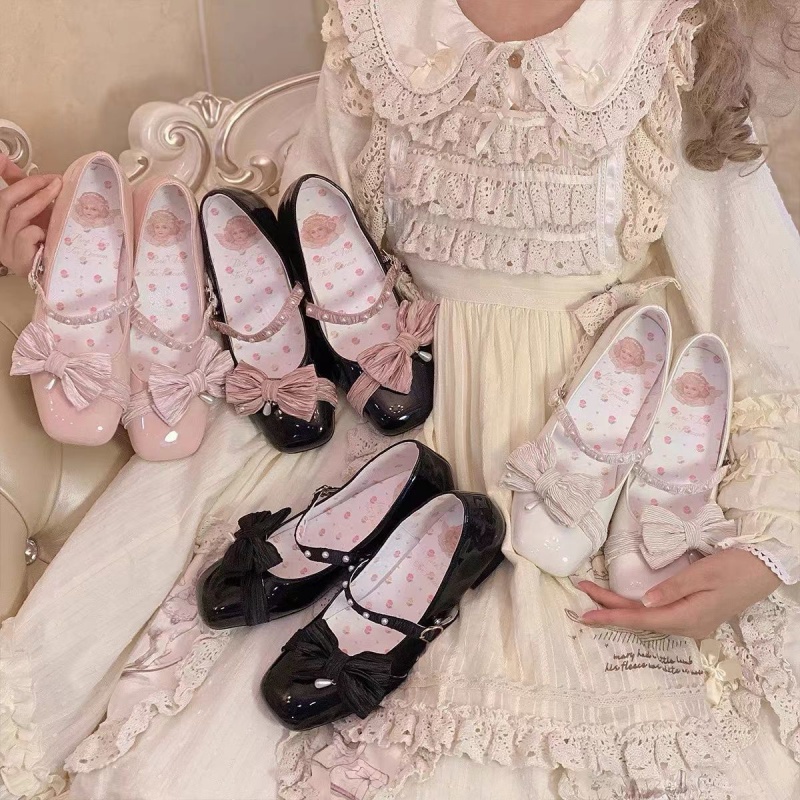 Giày Cao Gót Mũi Vuông Đính Nơ Ngọc Trai Phong Cách lolita