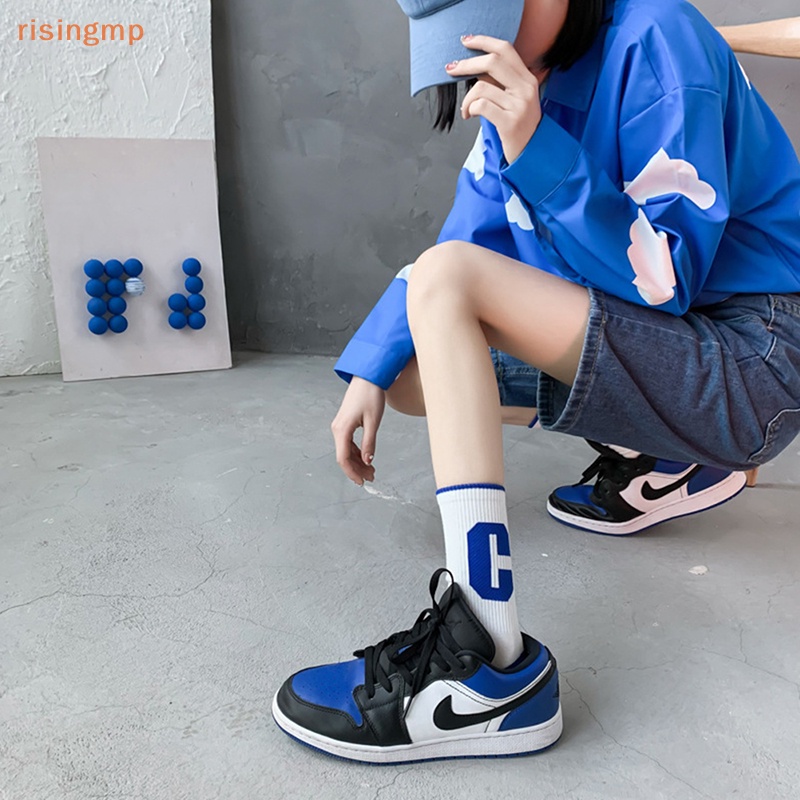 [risingmp] Vớ Cotton Thể Thao Ống Lửng Kẻ Sọc Màu Xanh Dương In Chữ P Dễ Phối Đồ Hợp Thời Trang Cho Nữ