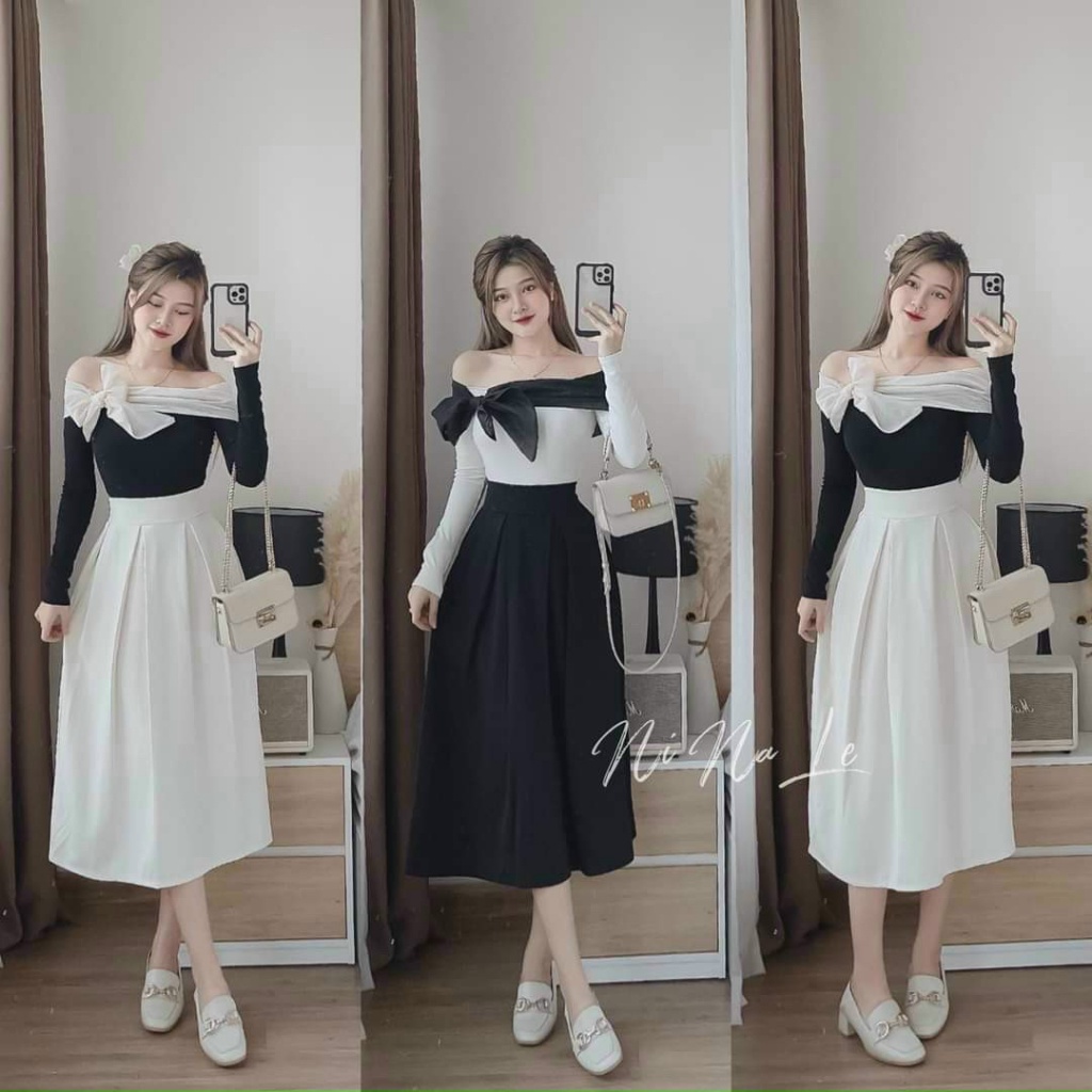 M10 set áo bẹt vai tay dài phối nơ kèm chân váy midi xòe xếp ly mẫu nina lê